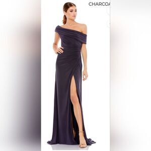 Mac Duggal 26570 Foldover Off-the-Shoulder Slit Gown NWT Size 12 Charcoal Blue